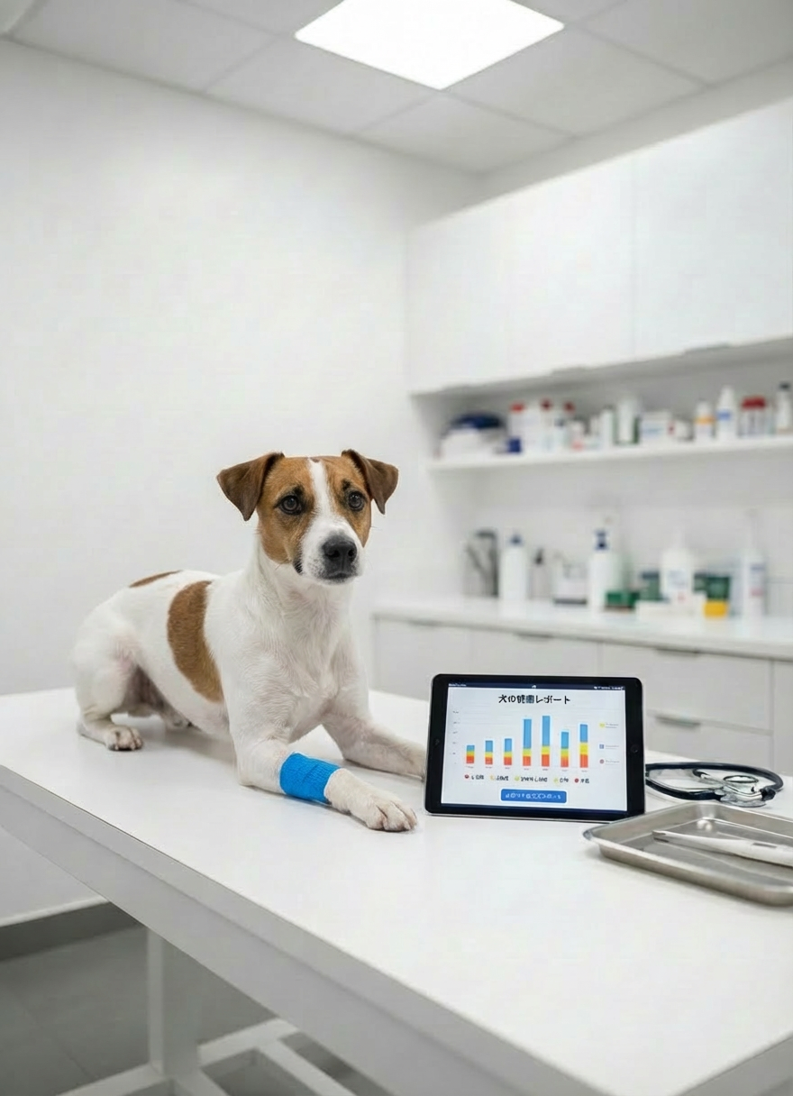 A senior Golden Retriever with a slightly graying muzzle lies comfortably on a crisp white veterinary examination table, wearing a lightweight blue medical bandage on one paw. Nearby, a digital tablet displays a clear, colorful chart of canine health metrics, along with neatly arranged stethoscope and thermometer on a stainless steel tray. The room is a bright, modern clinic with white walls and soft diffused overhead lighting, creating a clean, clinical yet reassuring mood. Shot in photographic realism at a slightly elevated angle with sharp focus on the dog and equipment, while background cabinets and medical supplies fall into a gentle blur. The atmosphere is professional, precise, and evidence-based, ideal for a dog medical news blog.